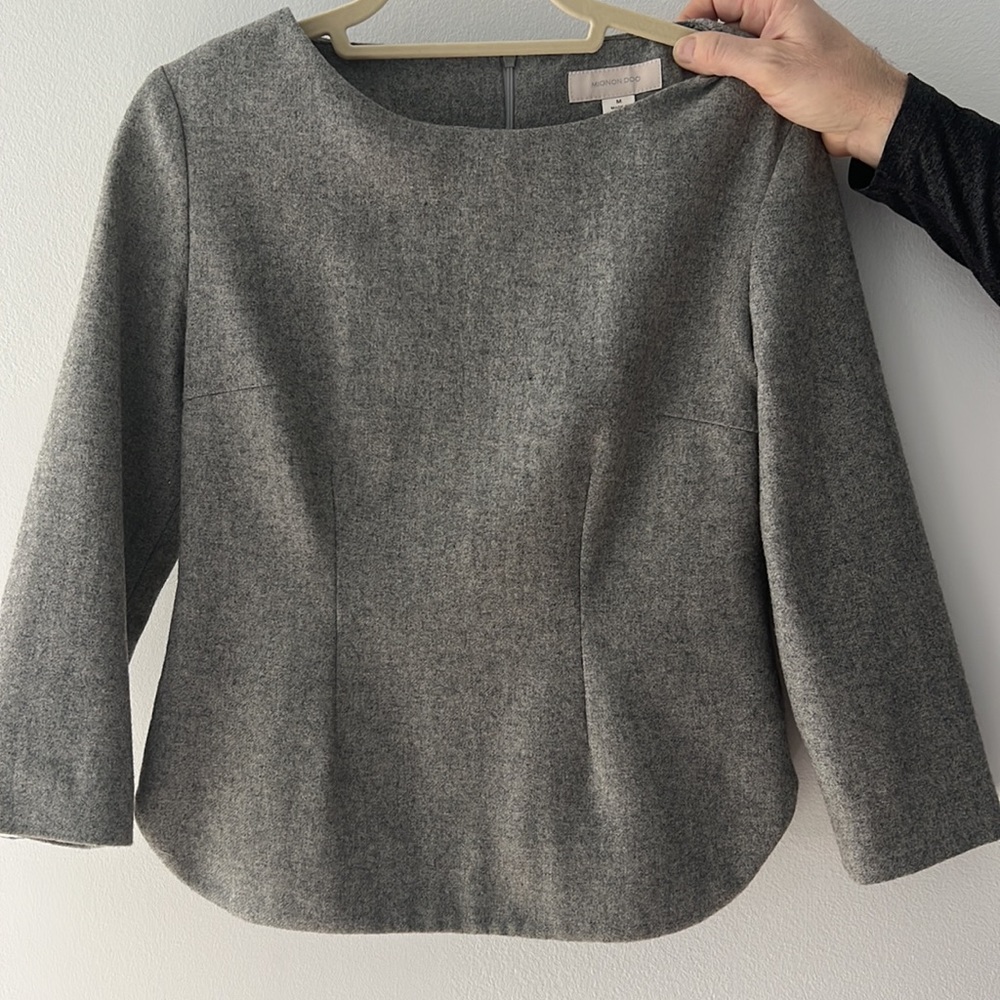 Gray flannel/wool like three-quarter sleeve top with hidden zipper size medium